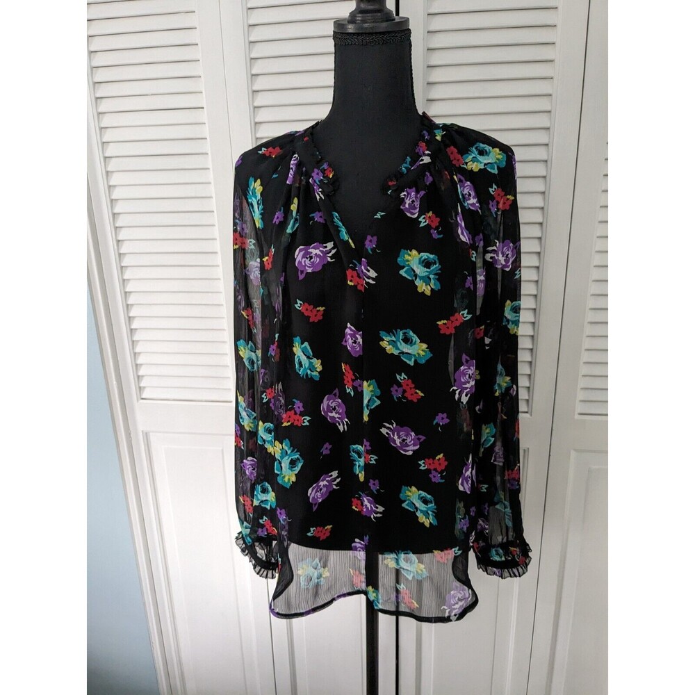 Elle Top Womens sz L Sheer Multi Floral Long Sleeved Blouse Ruffle Romantic Boho